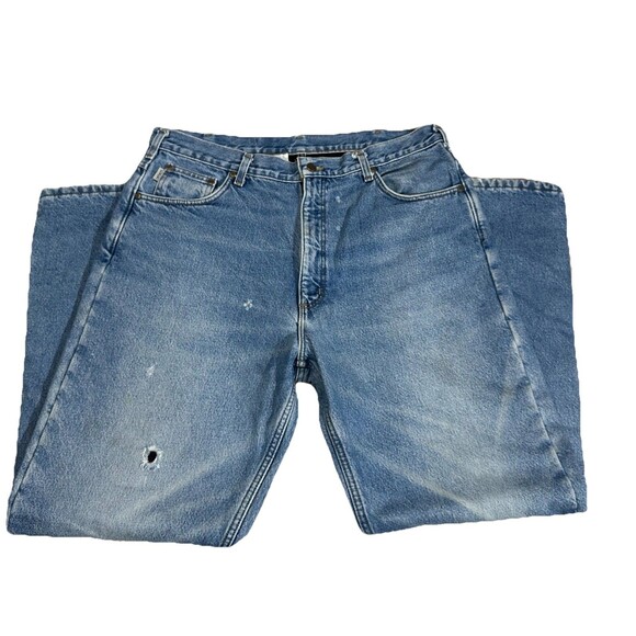 Carhartt Faded Blue Distressed Fleece Lined Jeans Mens Sz 38 Denim Workwear Rip - Picture 5 of 10